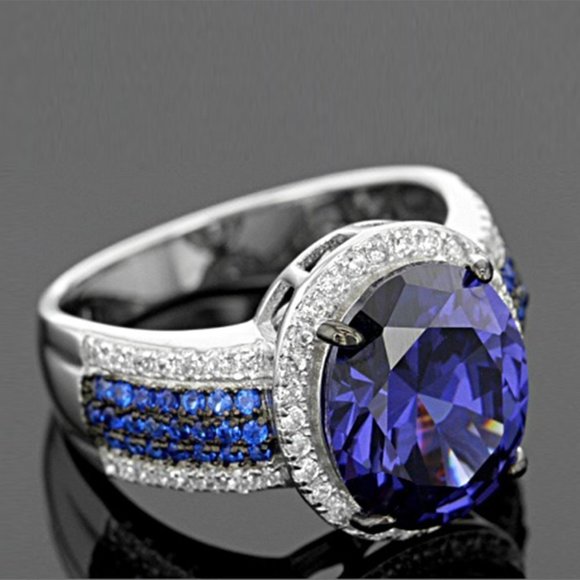 ✨ Royal Blue Oval Zircon Multi Row Elegant Silver Trendy Rings for Women, PD550 - Picture 2 of 7